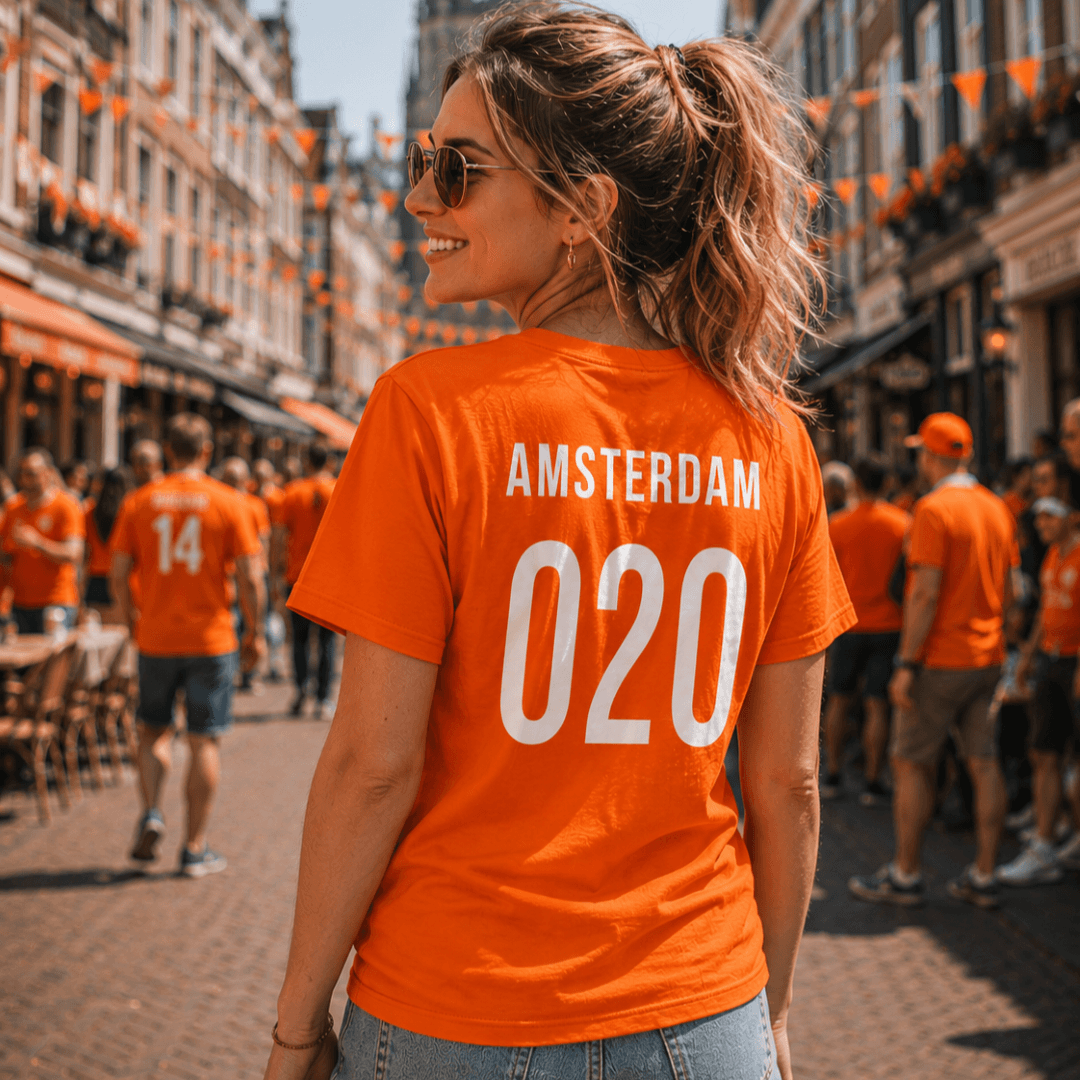 Vrouw in Oranje Amsterdam Tshirt tijdens het WK