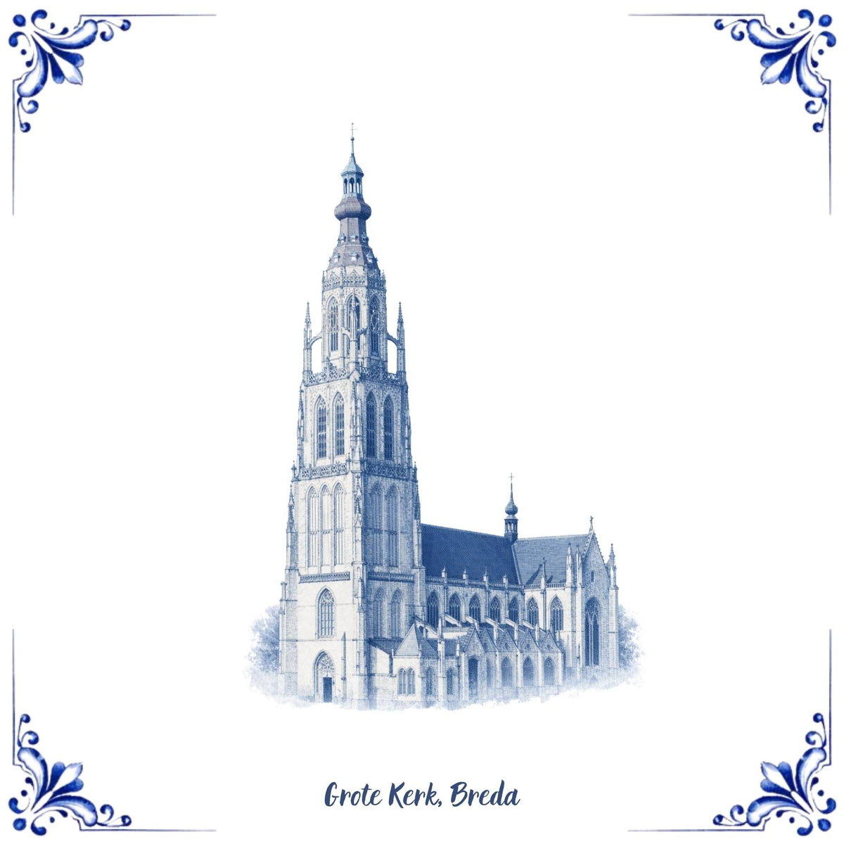 Delftsblauw tegeltje met een opdruk van De Grote Kerk in Breda