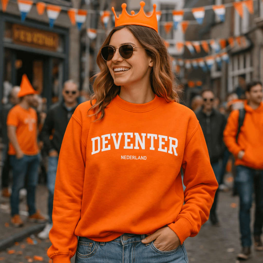 Dame in Deventer oranje sweater tijdens koningsdag