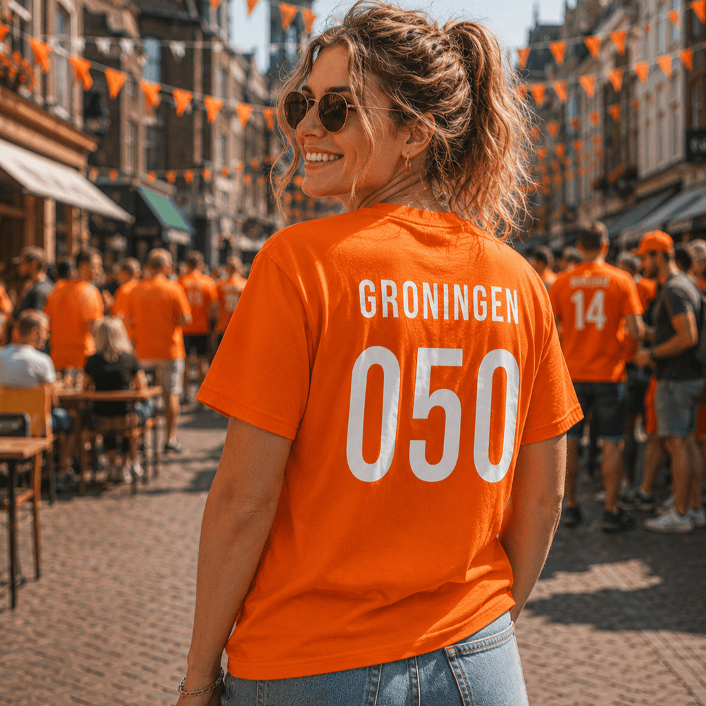 Dame in Oranje Groningen 050 tshirt tijdens WK