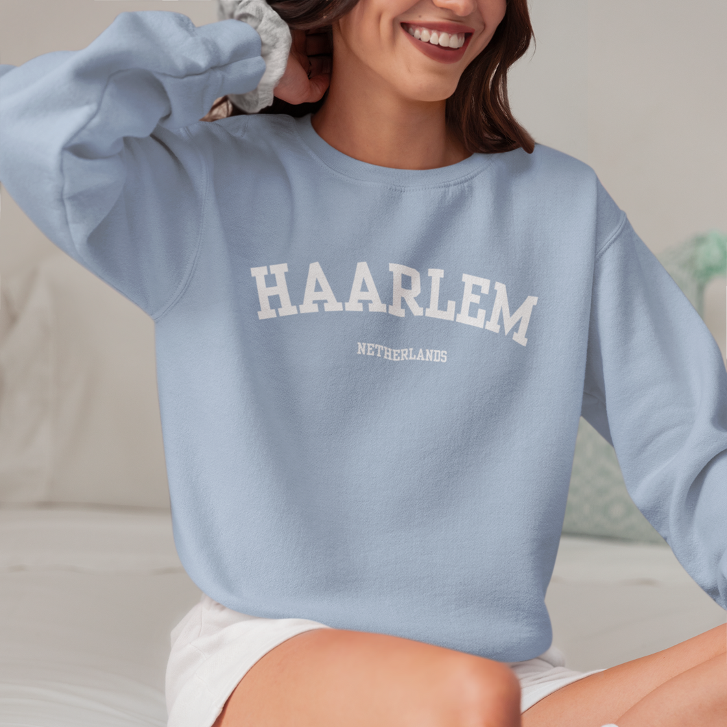 Vrouw met blauwe draag je stad Haarlem sweater