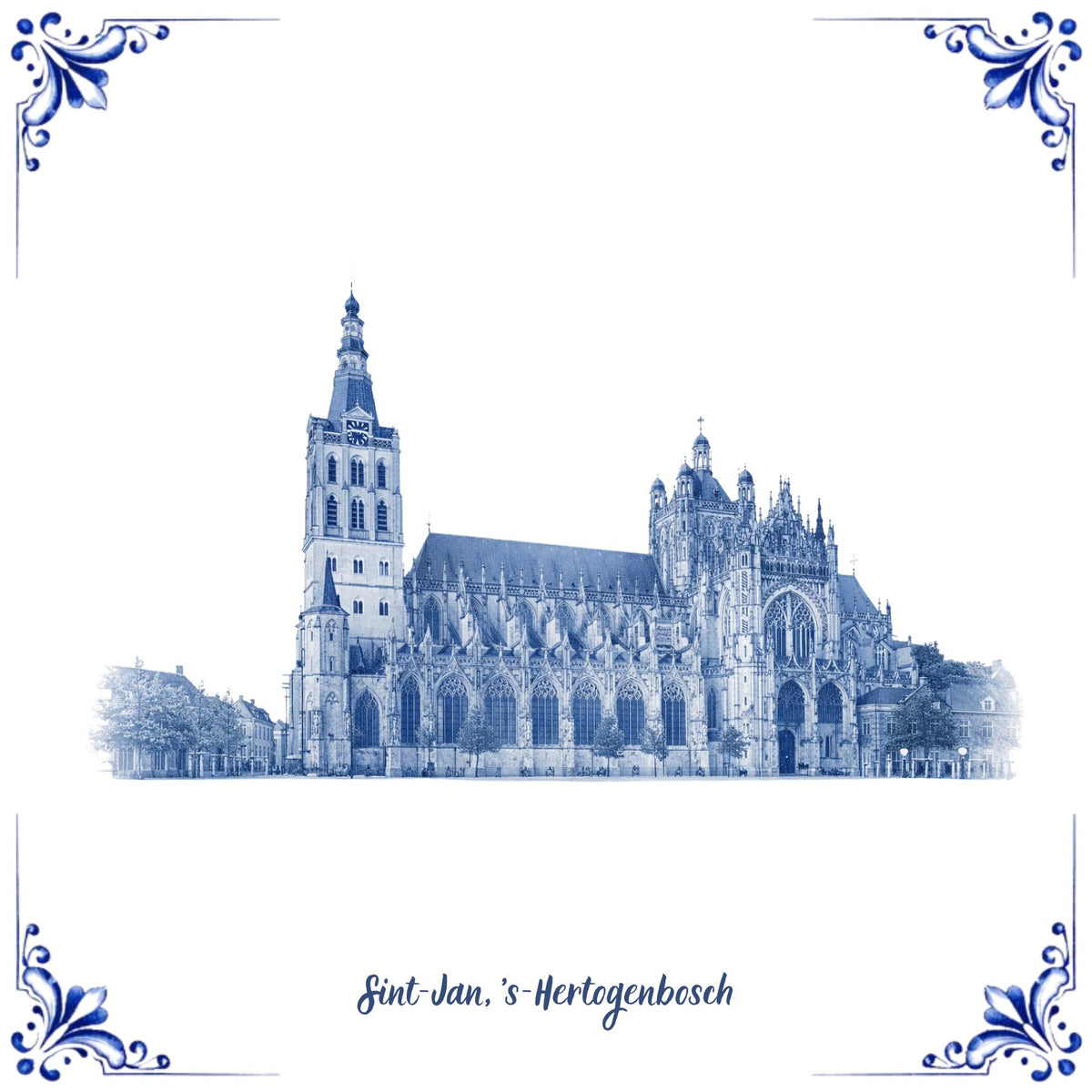 Delfstblauw tegeltje van de Sint Jankathedraal in 's Hertogenbosch