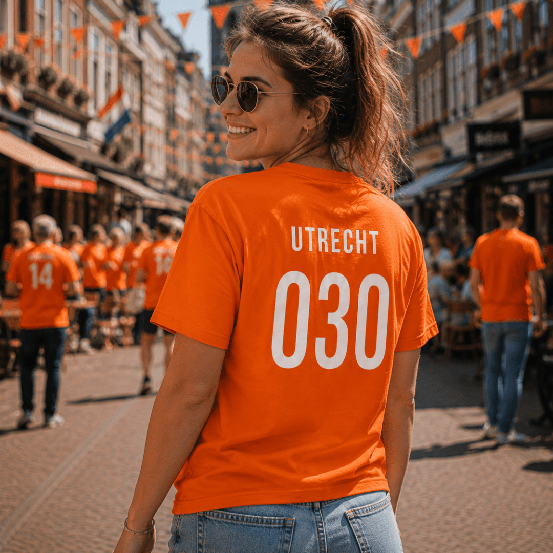 Vrouw in Utrecht 030 oranje wk tshirt