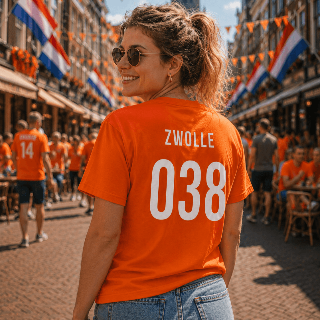 Dame in Oranje Zwolle 038 tshirt tijdens het wk voetbal